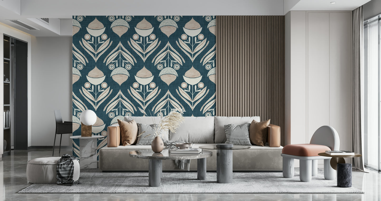Modern wallpaper showcasing minimalist cream flowers arranged in a bold teal pattern.