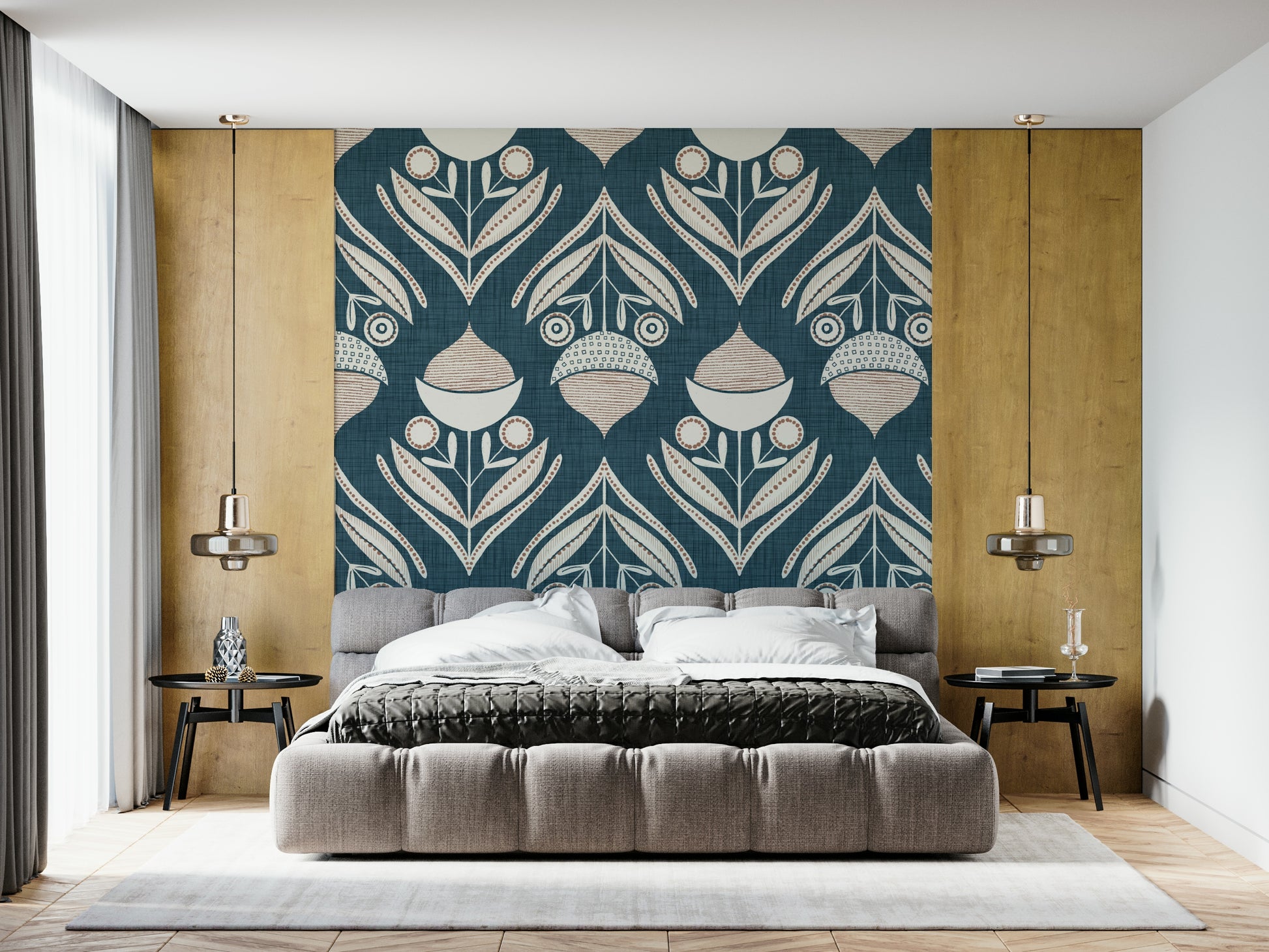 Geometric botanical artwork with layered leaves and circular blooms in soft neutral tones.