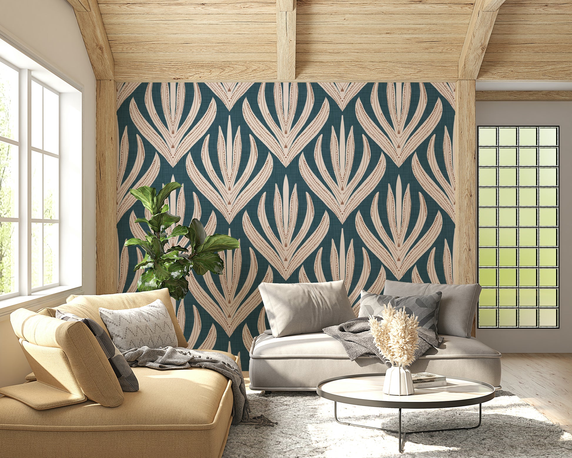 Modern Aztec Flora wallpaper featuring bold cream botanical motifs on a deep teal background.