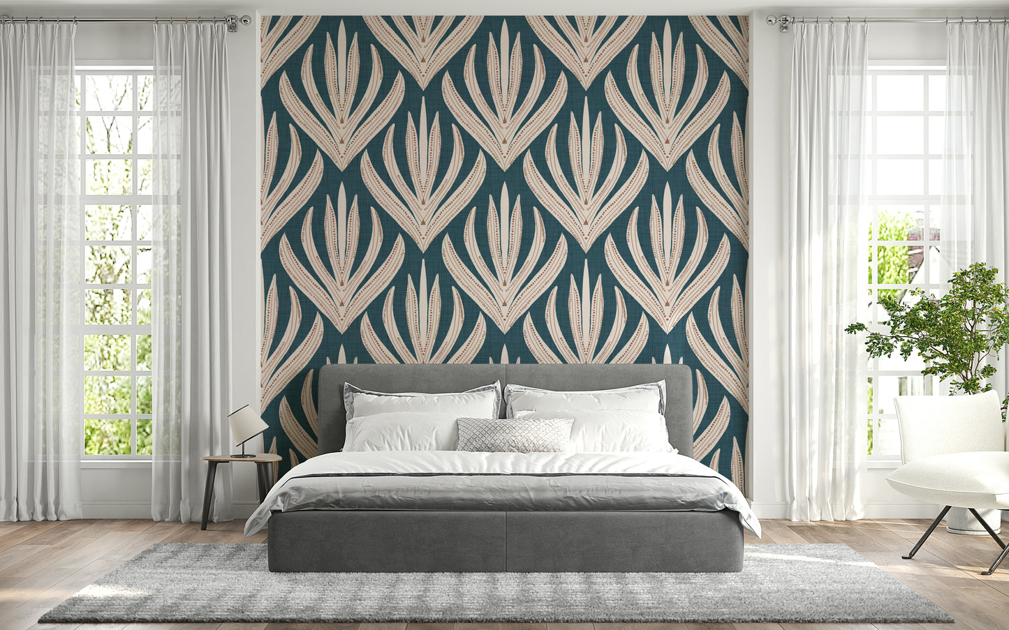Graphic botanical wallpaper with repeating cream and rust Aztec motifs in a modern style.