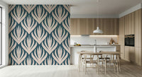 Geometric-inspired wallpaper mural with stylized Aztec floral shapes arranged in a repeating pattern.