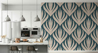 Decorative wallpaper mural with striking Aztec-style botanical elements on a rich teal backdrop.