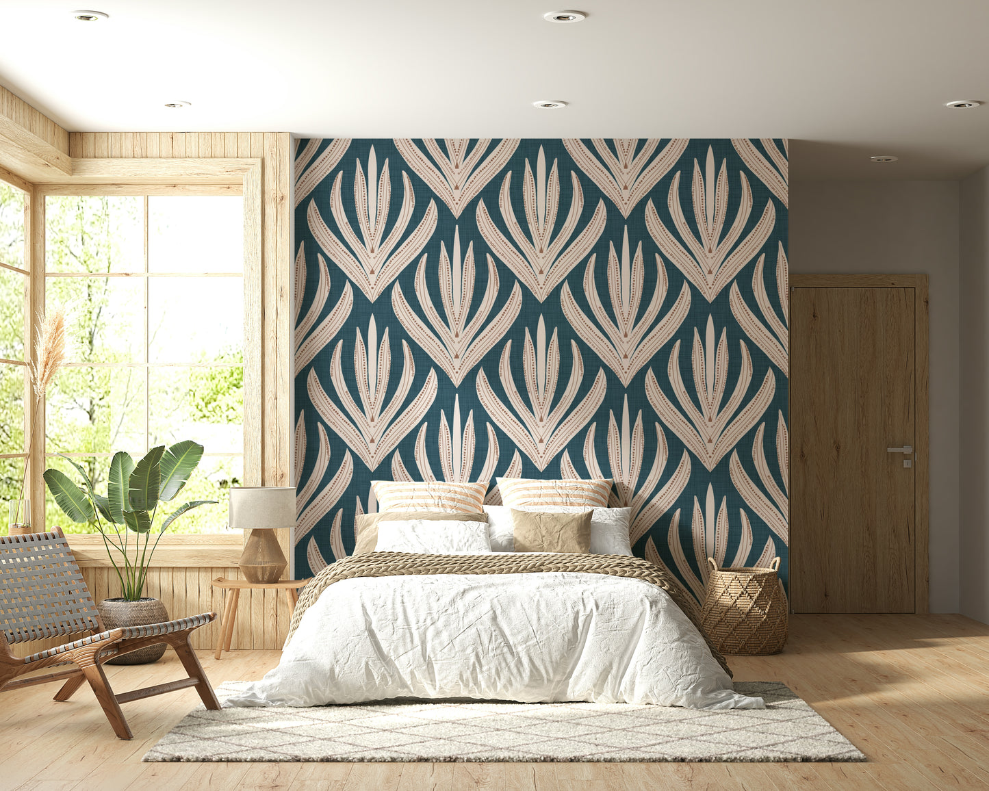 Contemporary Aztec floral wallpaper featuring repeating cream geometric leaf forms.