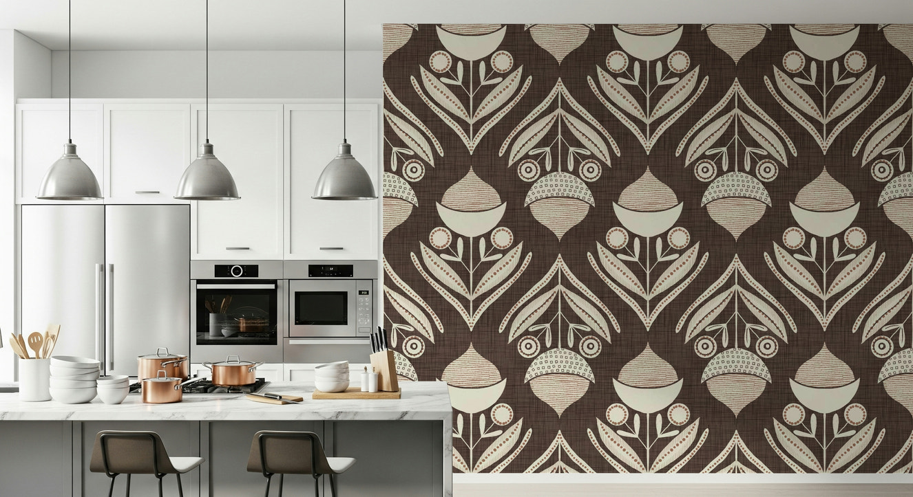 Earth Tone Floral wallpaper featuring stylized botanical motifs in cream and muted red on a deep brown background.