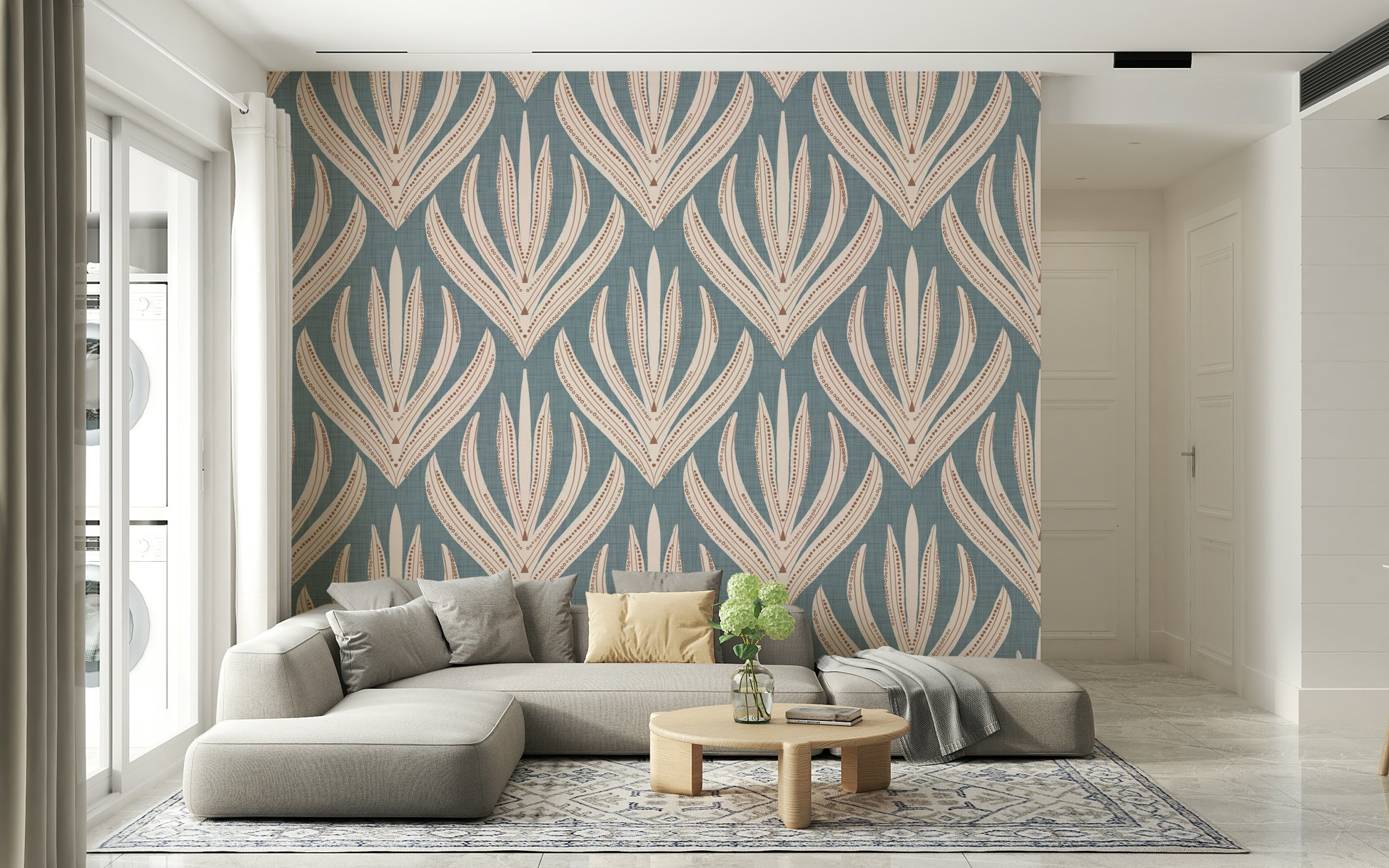 Floral Geometry in Muted Blue wallpaper showcasing stylized botanical forms in a rhythmic, symmetrical layout.