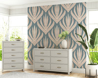 Elegant geometric floral wallpaper with cream and muted blue contrasting tones.