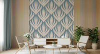 Geometric floral wallpaper mural with repeating cream leaf-like shapes arranged in a structured pattern.
