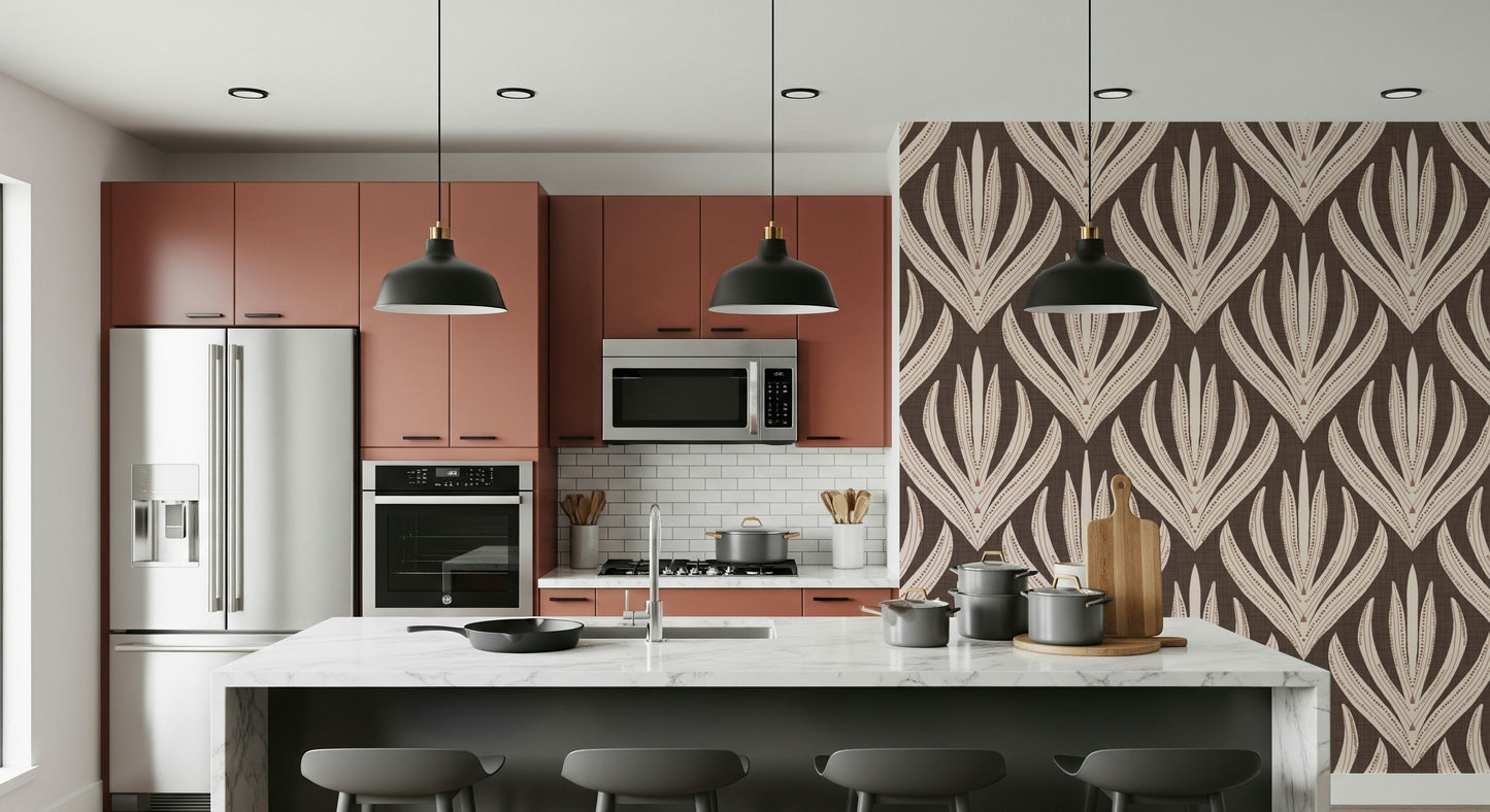 Boho Leaf Symmetry wallpaper showcasing intricate leaf-shaped designs with detailed linework.