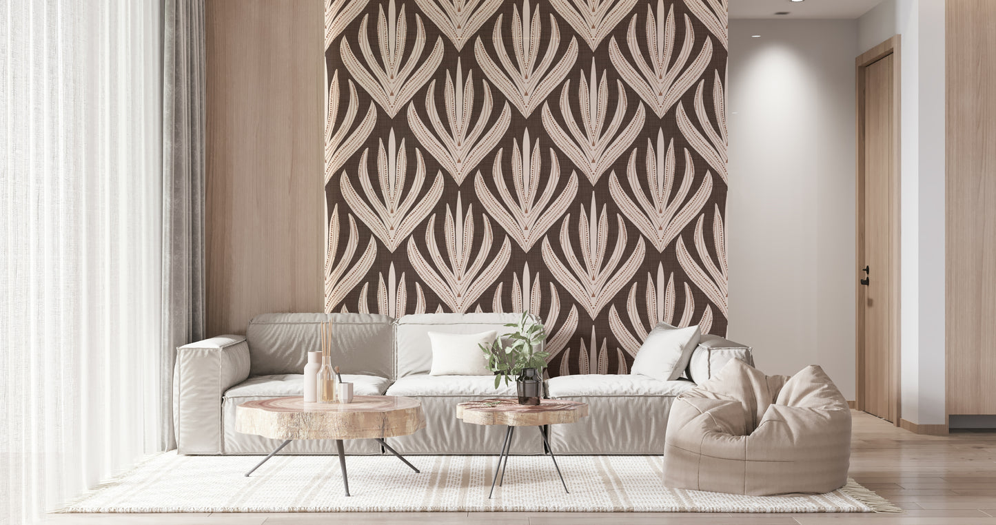Warm-toned wallpaper mural showcasing boho leaf motifs arranged in structured symmetry.
