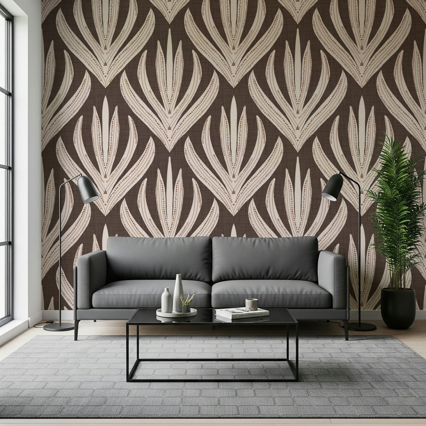 Boho Leaf Symmetry wallpaper mural with ornate leaf clusters and fine decorative markings.