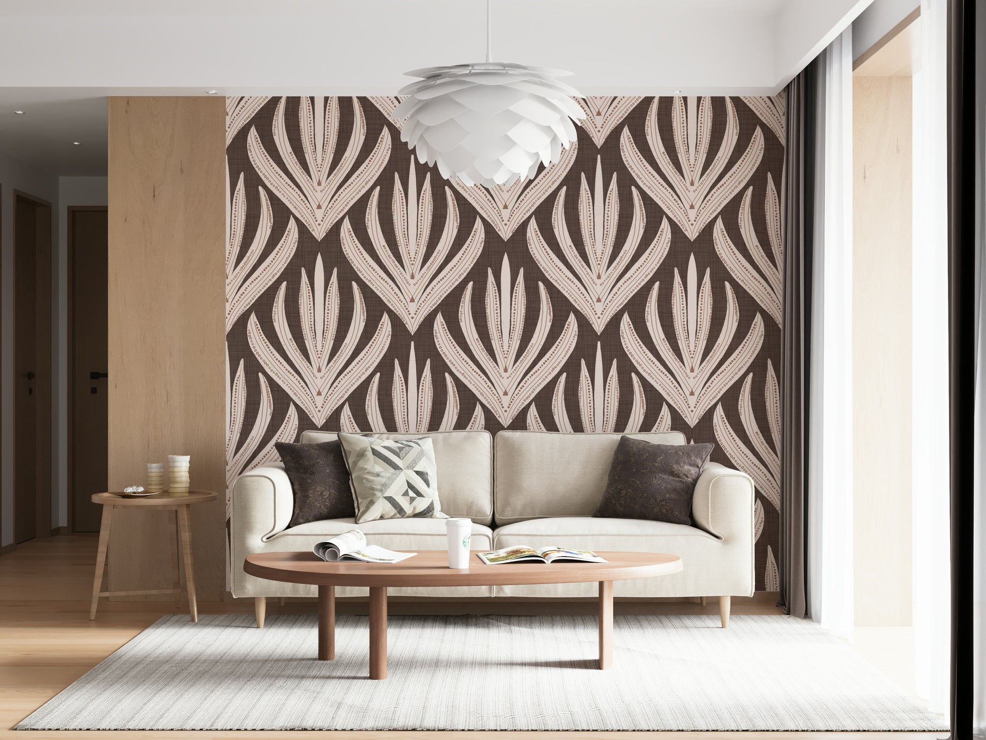 Artistic wallpaper mural with symmetrical leaf patterns inspired by boho and tribal design elements.