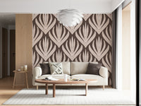 Artistic wallpaper mural with symmetrical leaf patterns inspired by boho and tribal design elements.