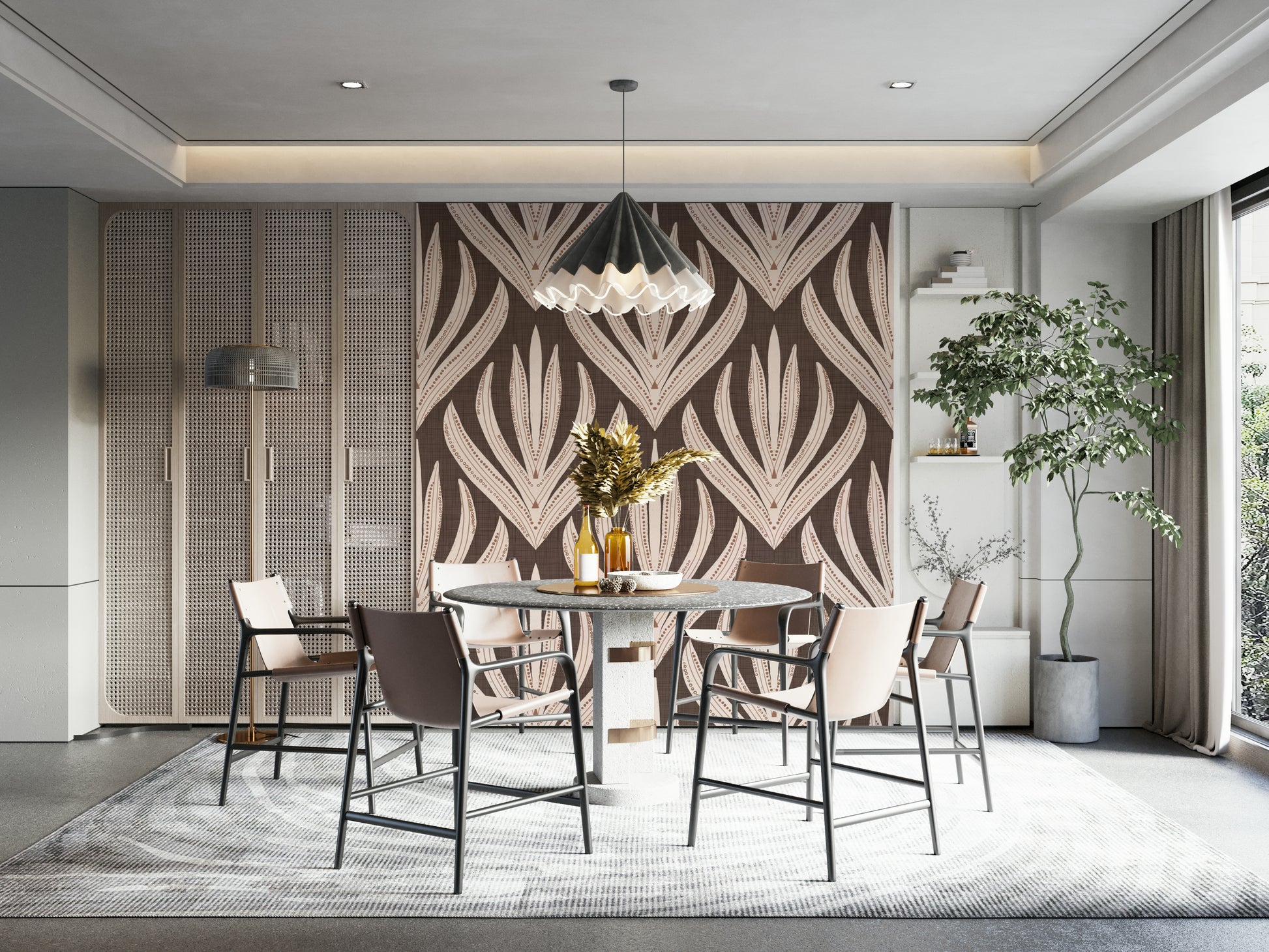 Boho Leaf Symmetry wallpaper featuring repeating stylized leaf motifs in cream and terracotta on a warm brown background.