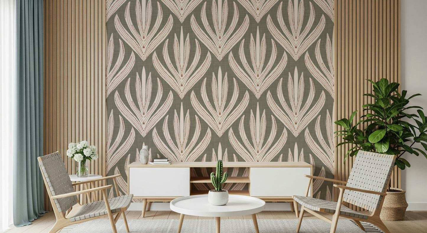 Stylized botanical wallpaper featuring arched, desert bloom–inspired shapes in warm pink and cream hues.