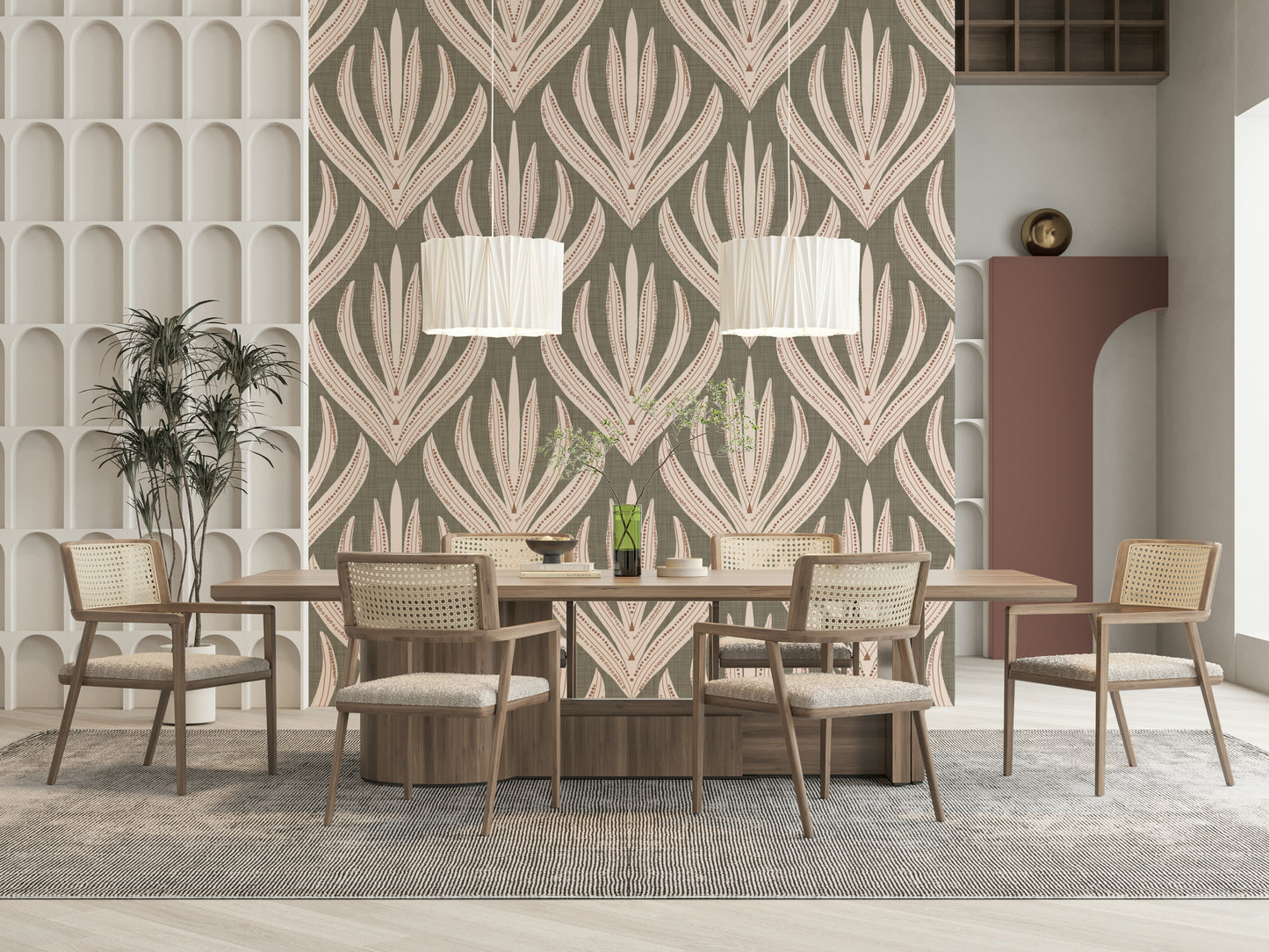 Nature-inspired wallpaper mural with bold, layered plant motifs resembling desert blooms.