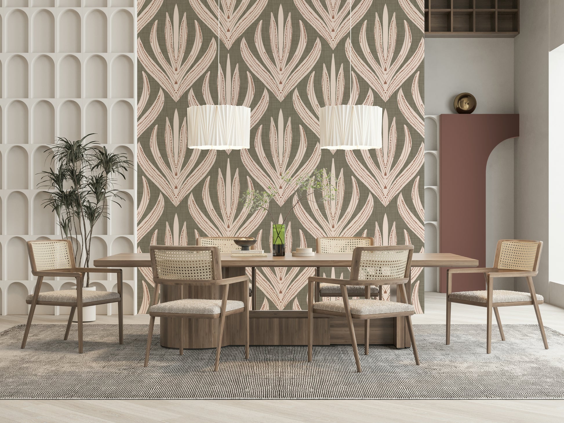 Nature-inspired wallpaper mural with bold, layered plant motifs resembling desert blooms.