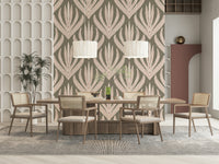 Nature-inspired wallpaper mural with bold, layered plant motifs resembling desert blooms.