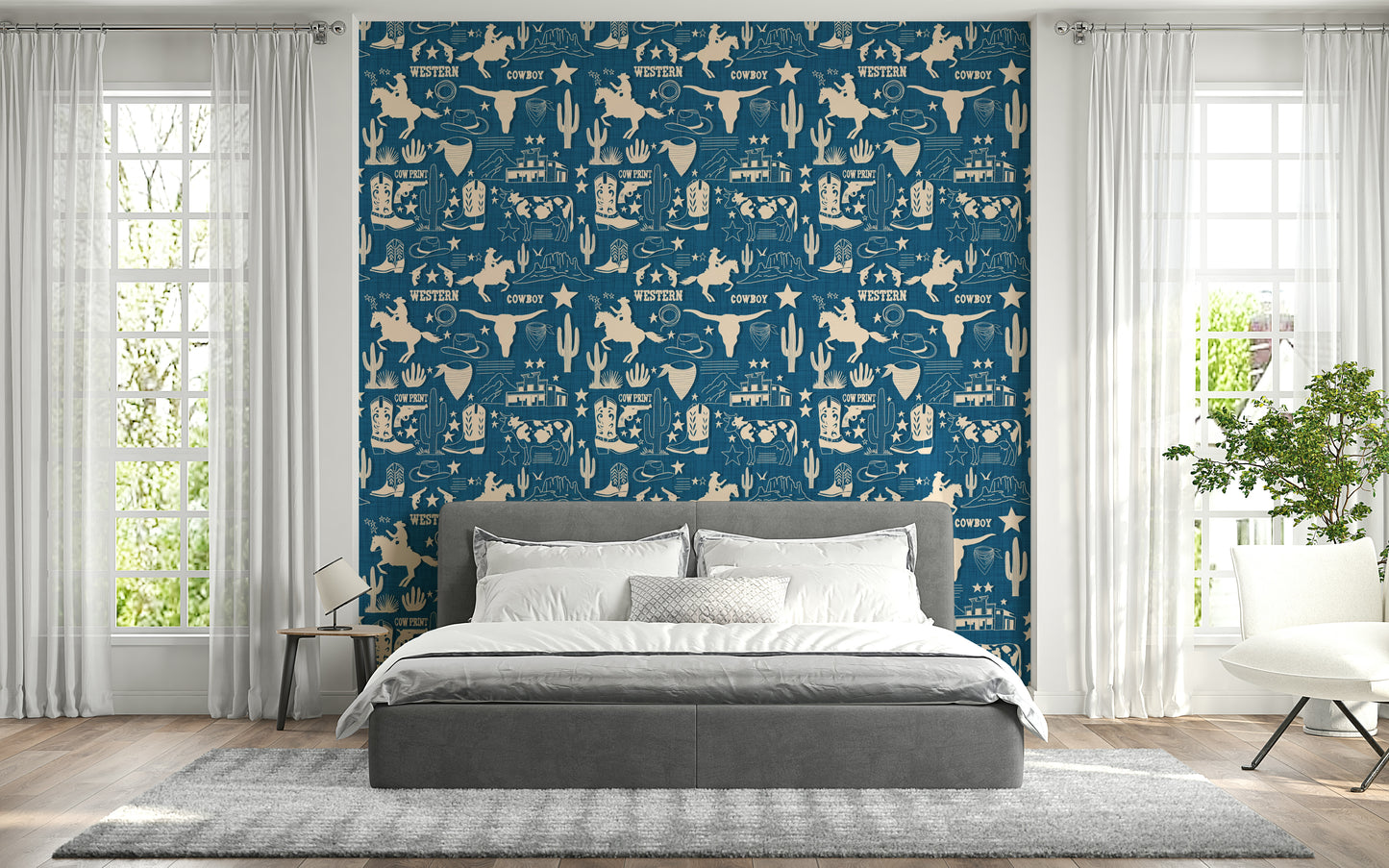 Patterned wallpaper with Wild West illustrations including lassos, horses, boots, and desert scenes.