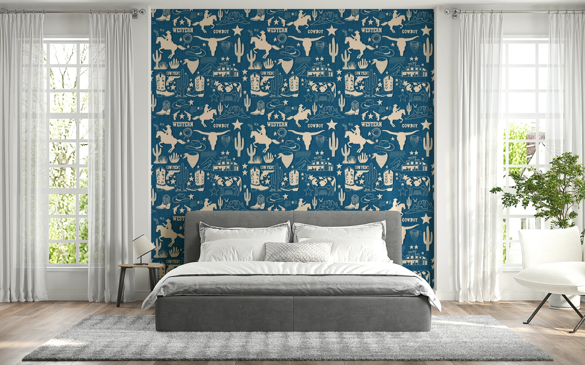 Patterned wallpaper with Wild West illustrations including lassos, horses, boots, and desert scenes.