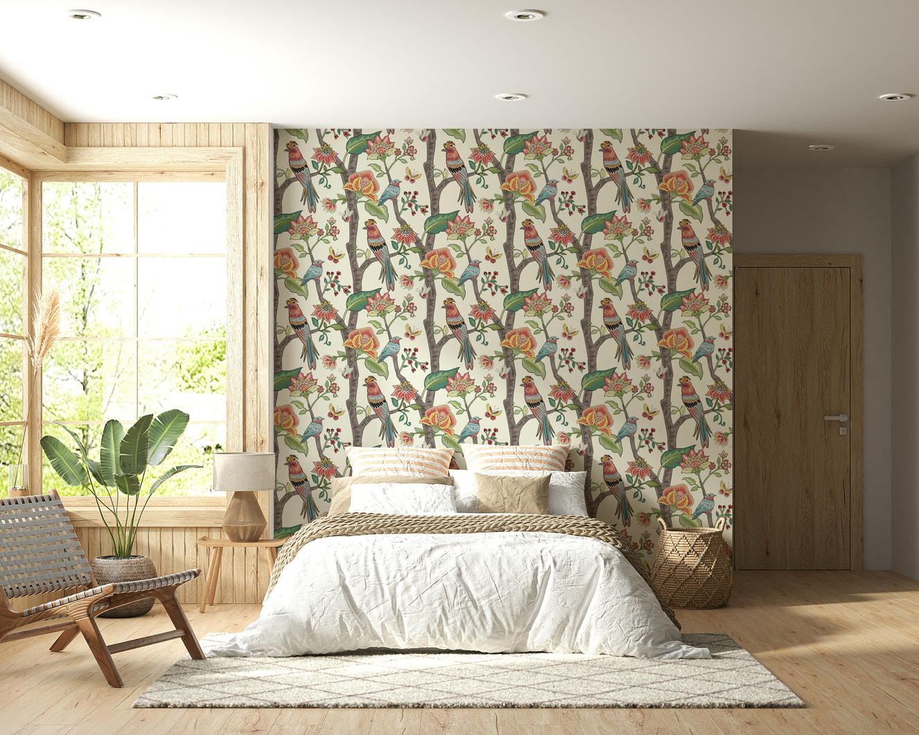 Paradise Perch wallpaper featuring colorful birds perched on branches with vibrant flowers and leaves.