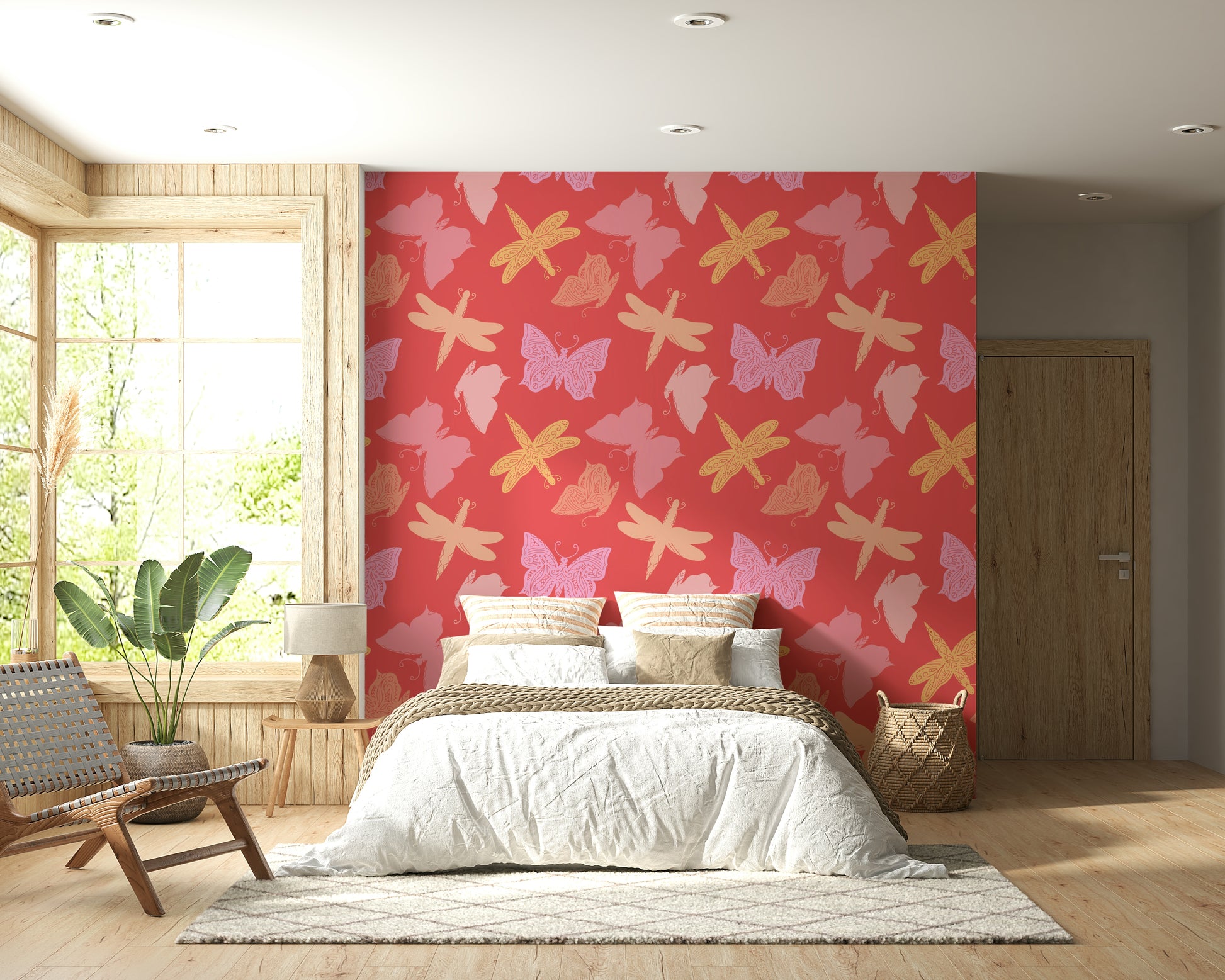 Patterned butterfly wallpaper featuring pastel wings arranged across a coral-red backdrop.