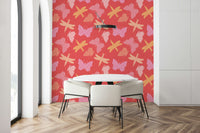 Whimsical butterfly wallpaper mural with stylized wing patterns and soft pastel shades.
