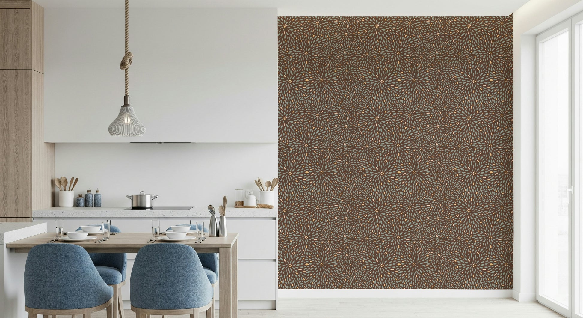 Nature-inspired wallpaper mural with clustered bursts of autumnal shapes in brown, tan, and muted blue.