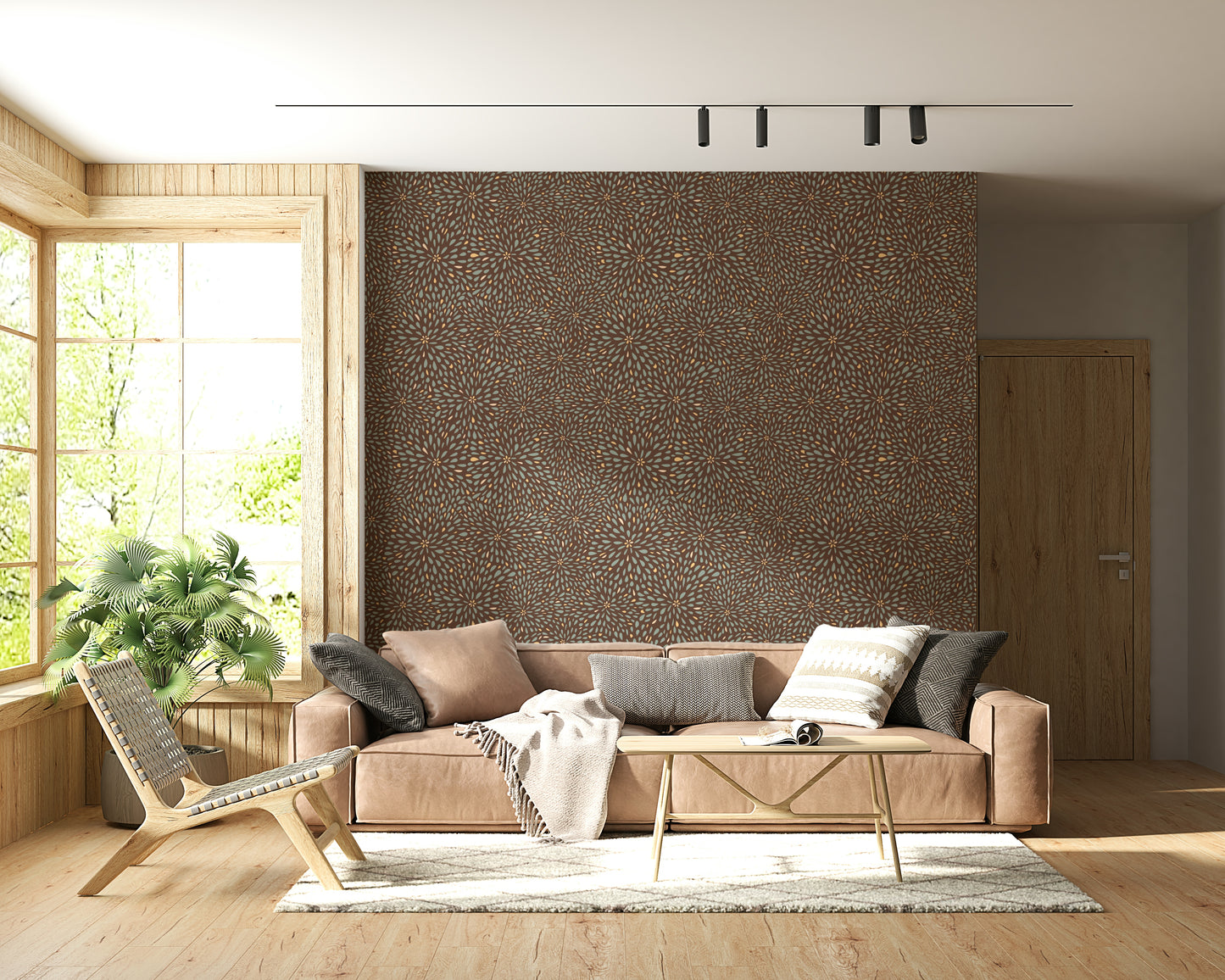 Patterned wallpaper mural inspired by autumn foliage arranged in starburst formations.