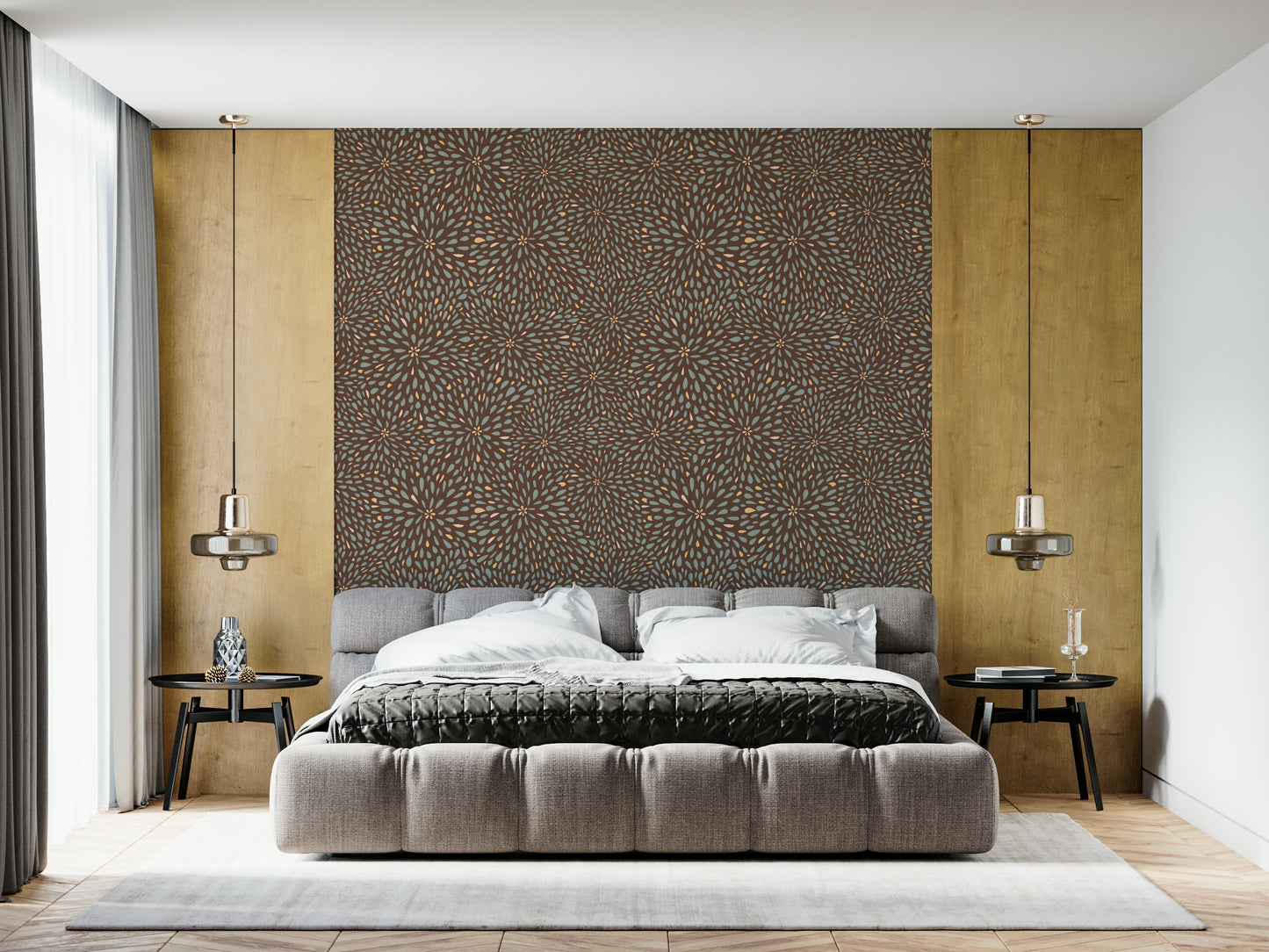 Warm-toned wallpaper mural with intricate autumn-inspired starburst clusters.