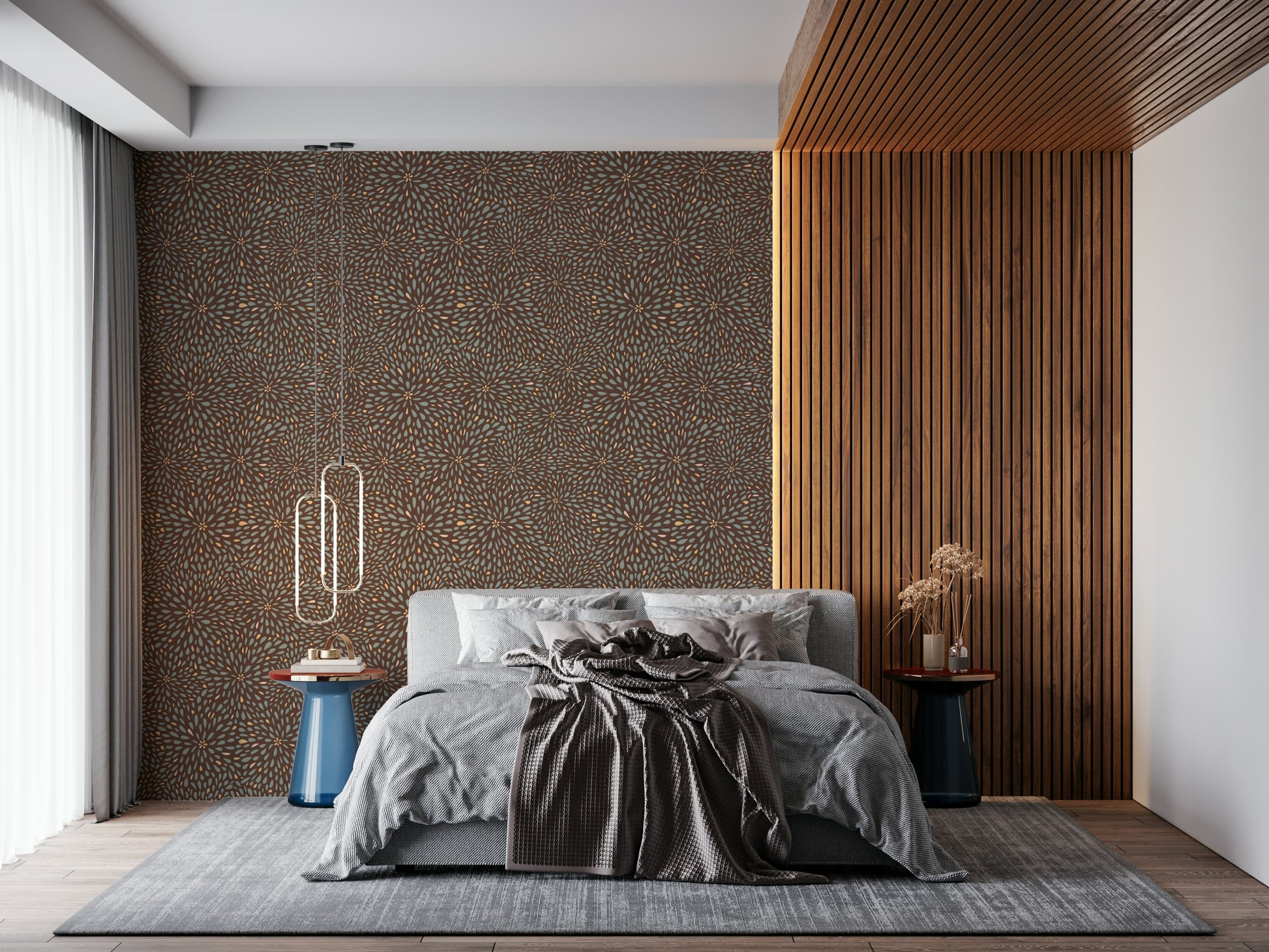 Autumn Burst wallpaper with dense repeating patterns of petal-shaped motifs in natural hues.