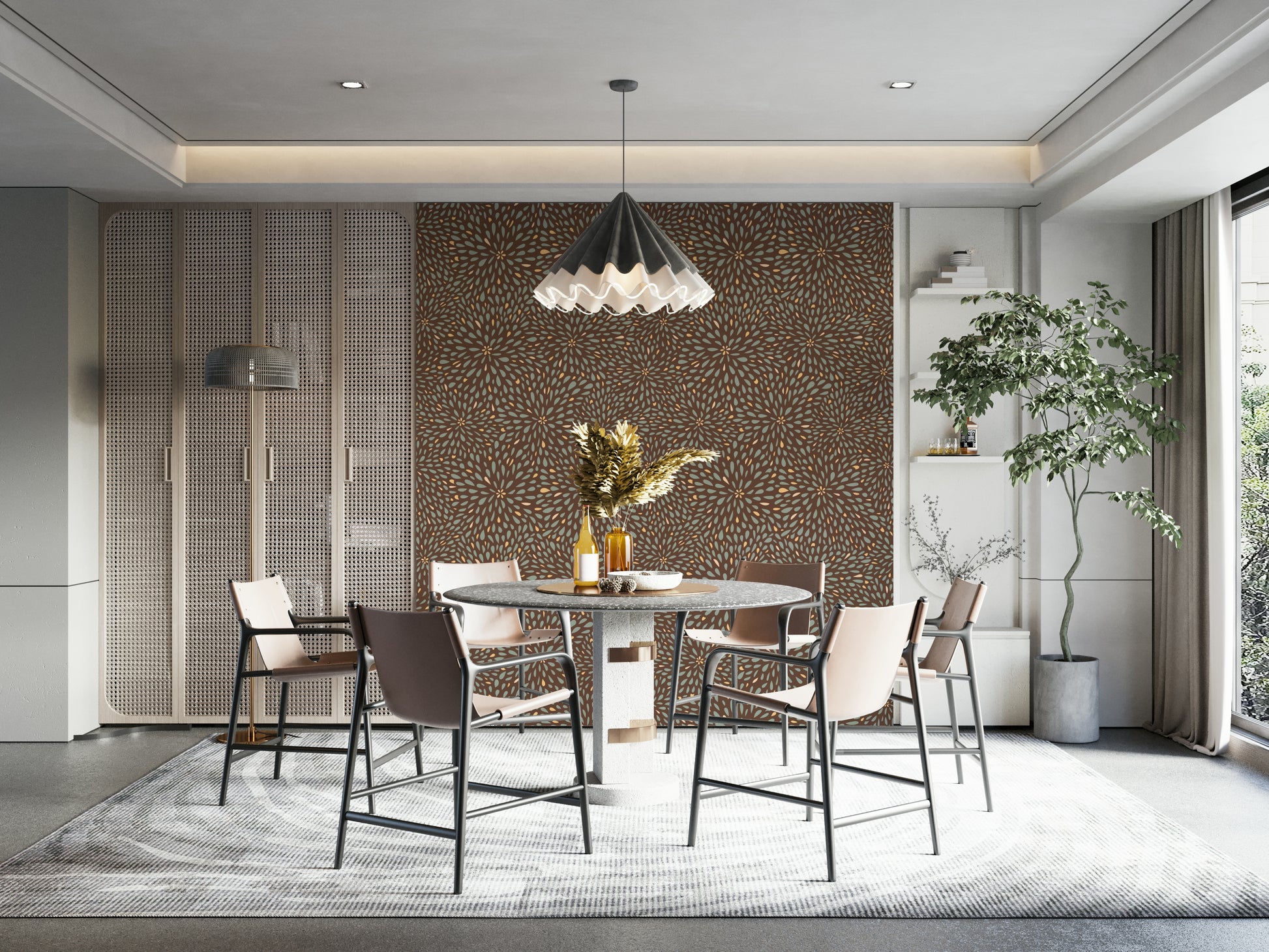 Organic wallpaper mural with layered autumn bursts creating a textured, earthy design.