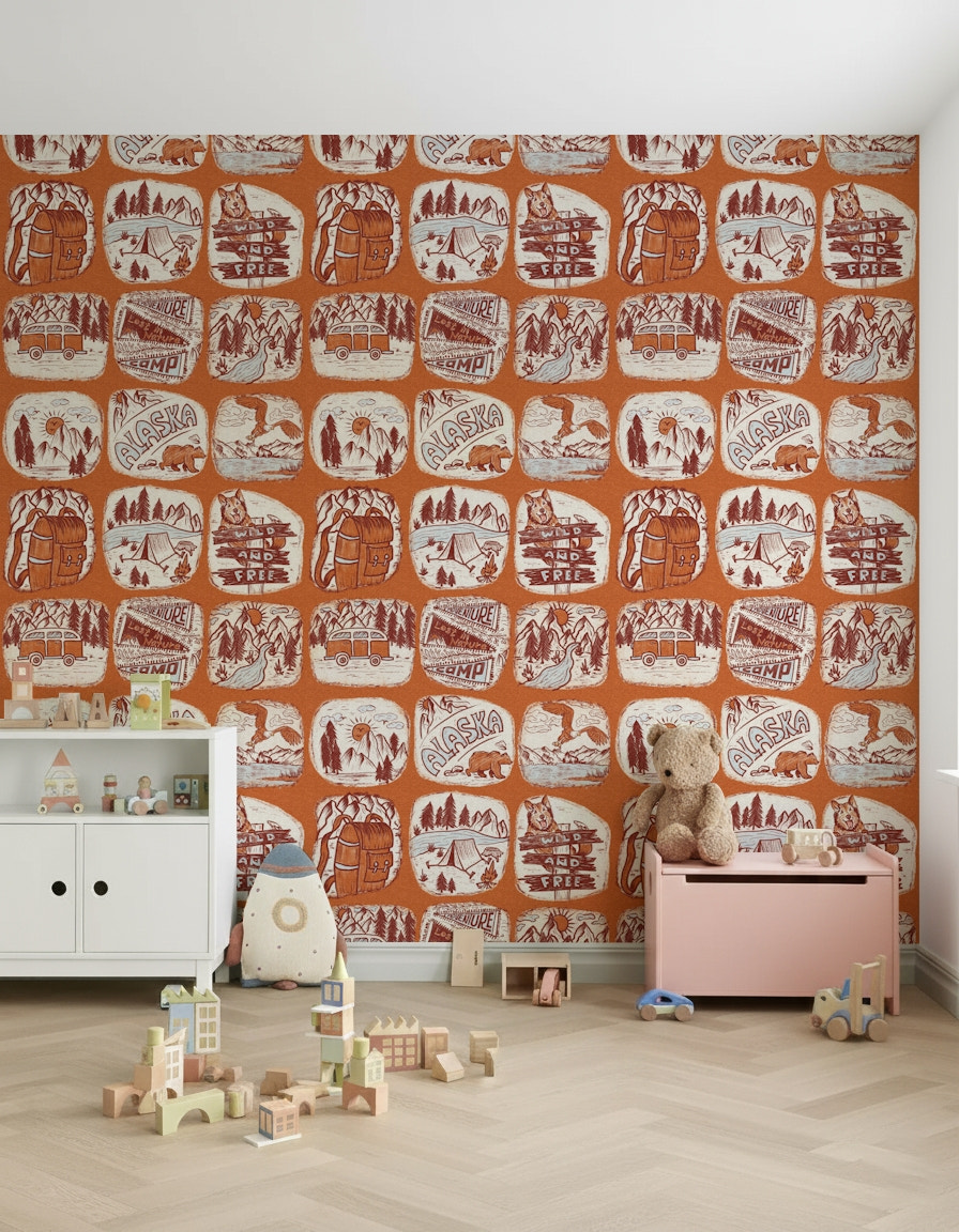 Outdoor Explorer wallpaper featuring hand-drawn camping icons and nature elements.