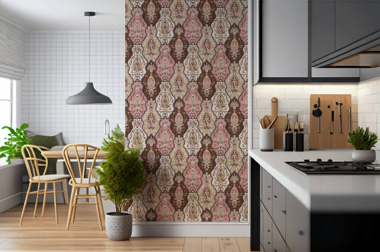 Intricate blossom-themed wallpaper mural with repeating woven-style floral patterns.