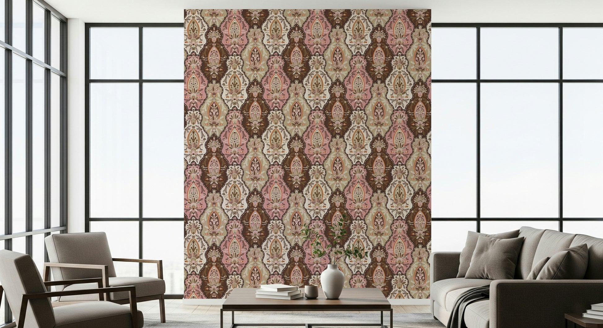 Elegant vintage floral wallpaper in soft pink and earthy brown hues.