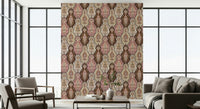 Elegant vintage floral wallpaper in soft pink and earthy brown hues.
