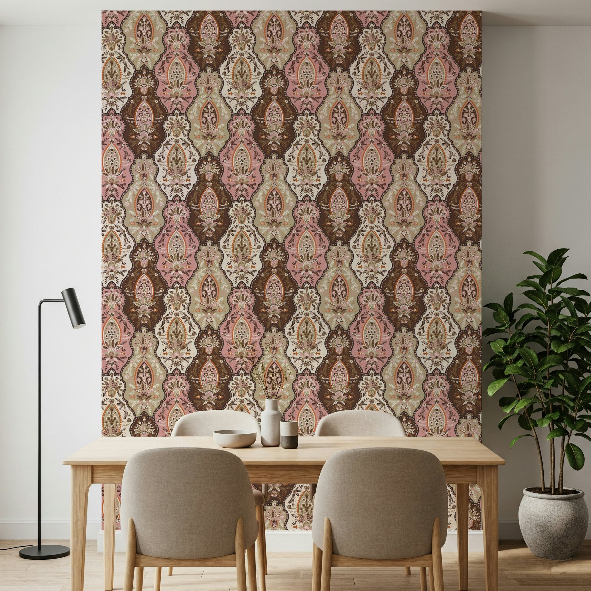 Patterned floral wallpaper with pink blossoms and ornate brown decorative motifs.