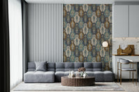 Vintage-inspired paisley wallpaper mural with blue, gold, and beige ornamental designs.