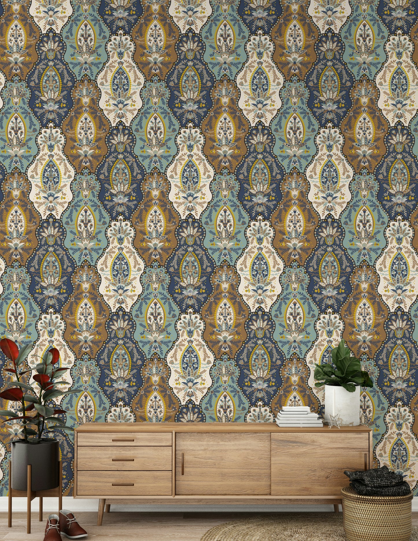 Patterned paisley wallpaper combining blue, mustard, teal, and cream for a boho look.