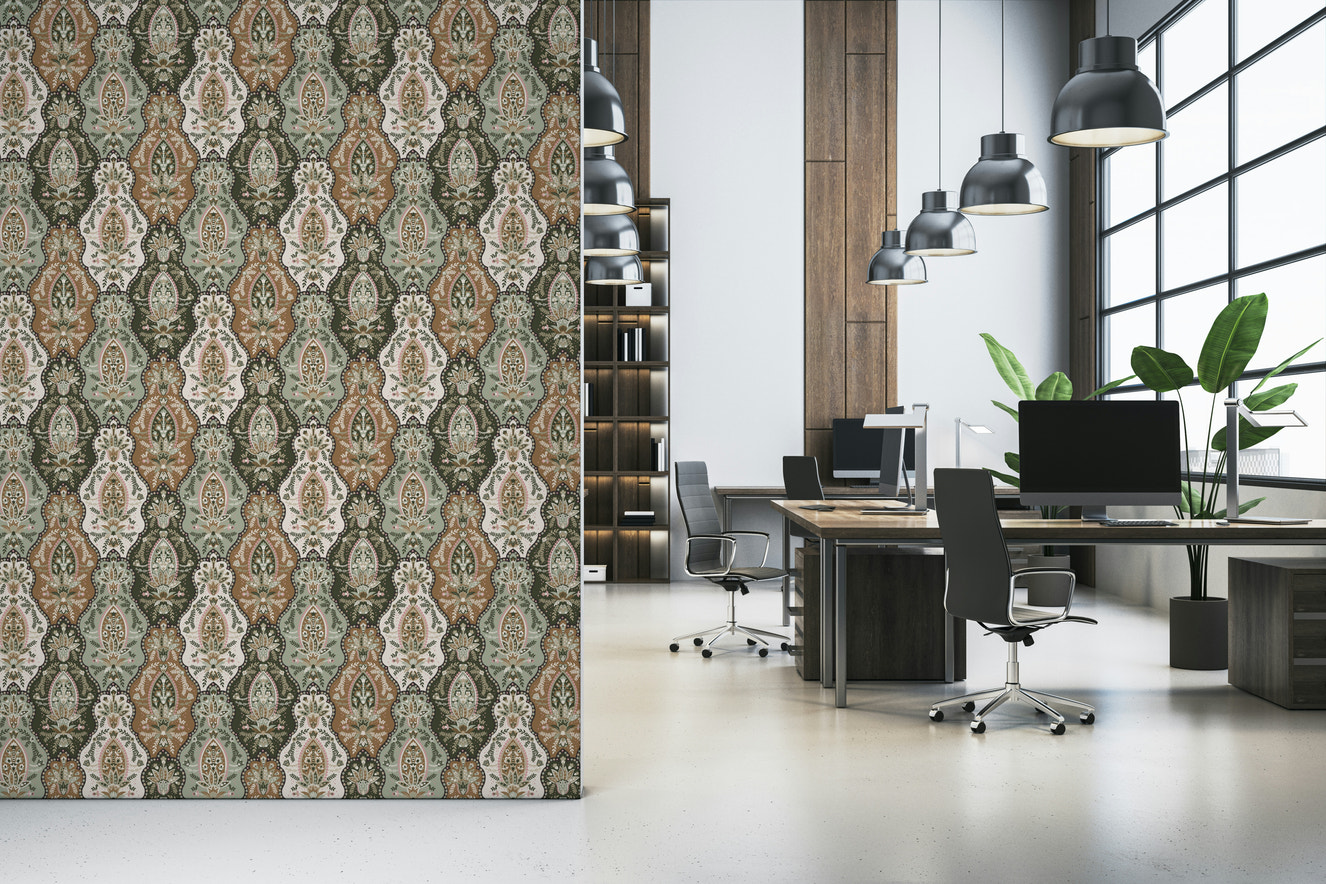 Earthy florals wallpaper featuring repeating botanical motifs in green, brown, and cream tones.