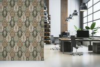 Earthy florals wallpaper featuring repeating botanical motifs in green, brown, and cream tones.