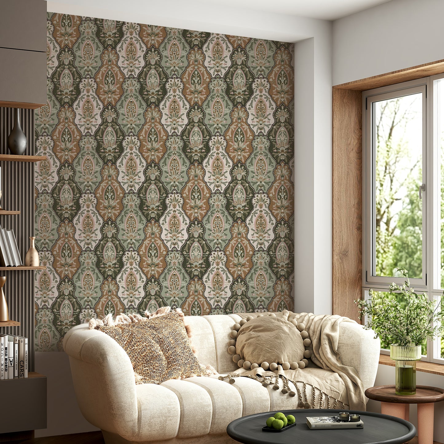 Nature-inspired wallpaper mural featuring earthy floral designs and symmetrical patterns.