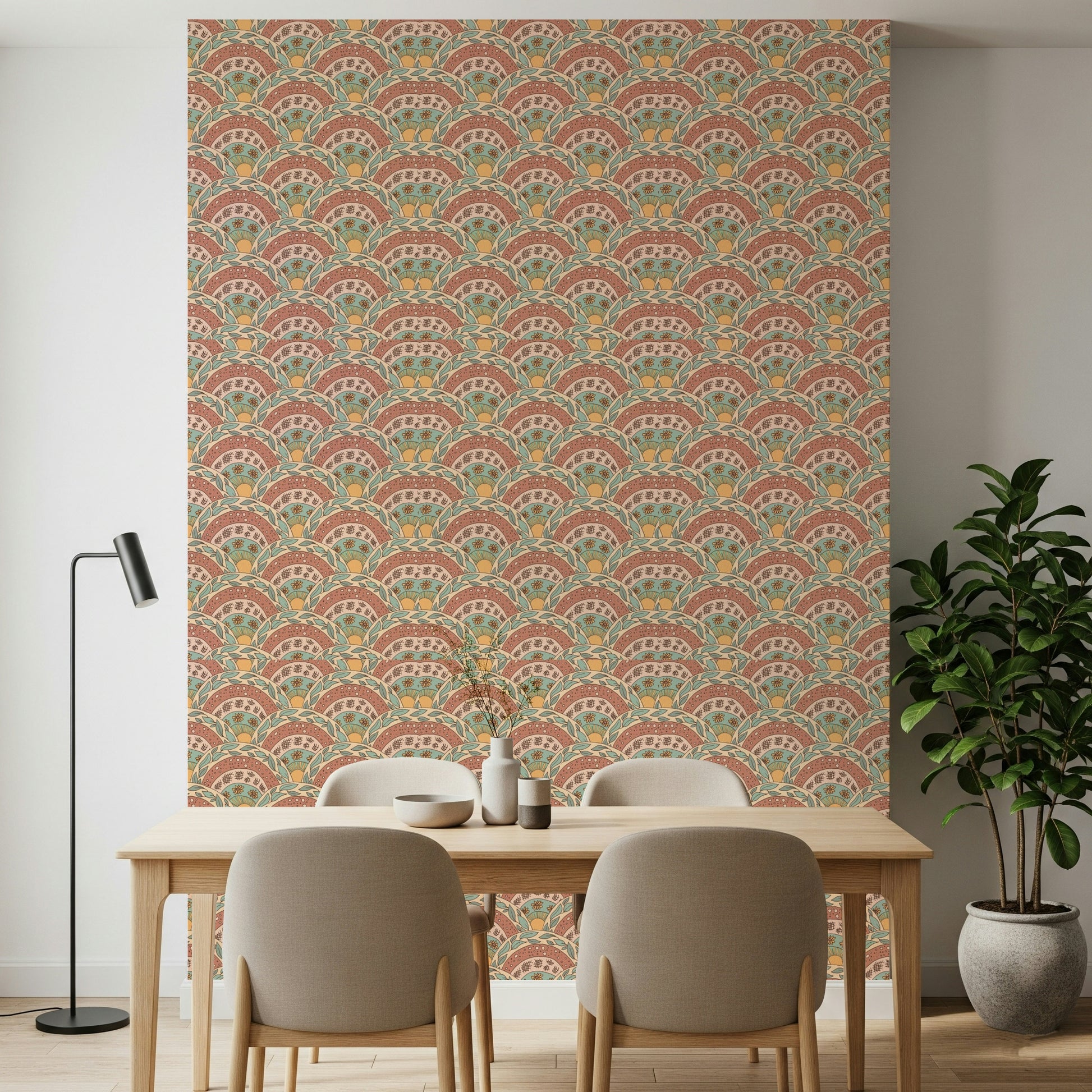 Earthy boho florals with sunburst centers forming a calming wall design.