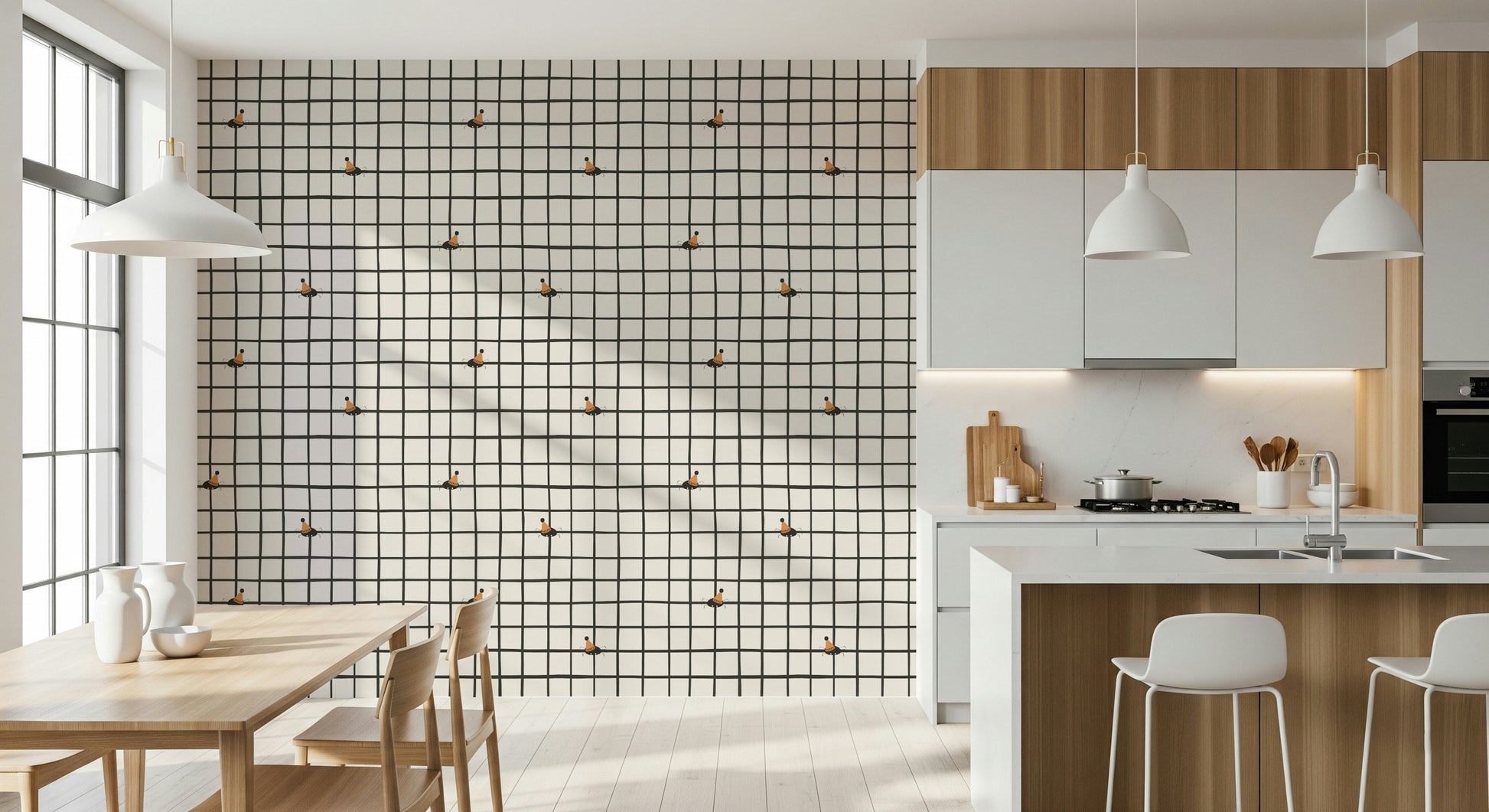 Whimsical insects dancing across a cheerful grid wallpaper design.