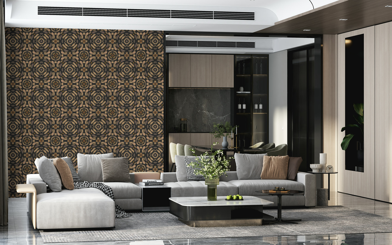 Earth-toned symmetrical pattern with warm browns, beiges, and natural geometric shapes.