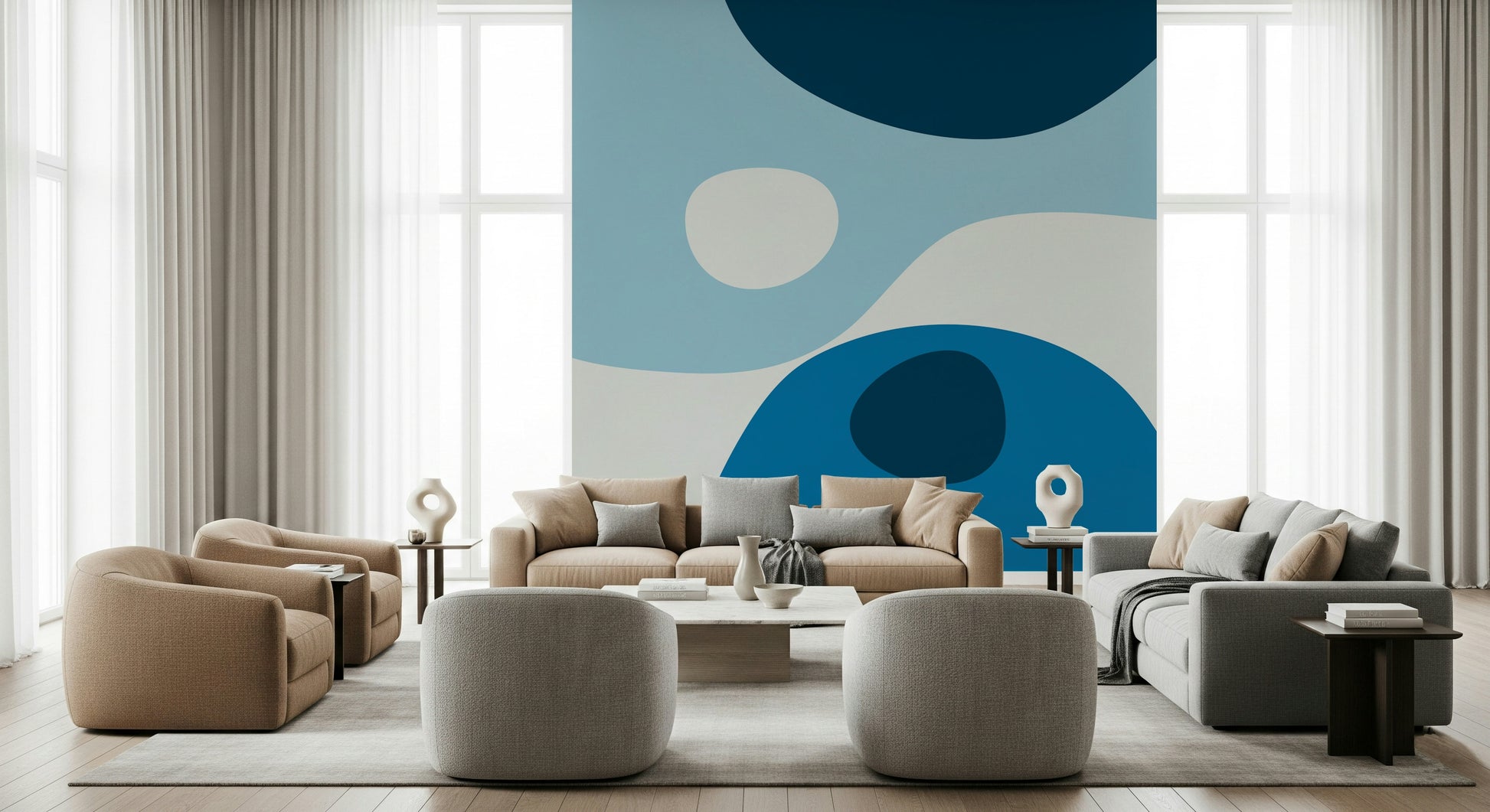 A minimalist wallpaper featuring smooth, wave-like blue forms for a clean abstract look.