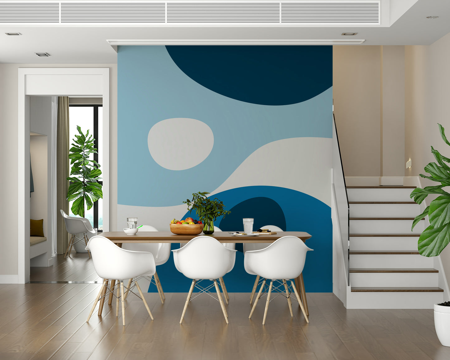 Smooth curved forms in layered blue hues creating a calming modern abstraction wallpaper.