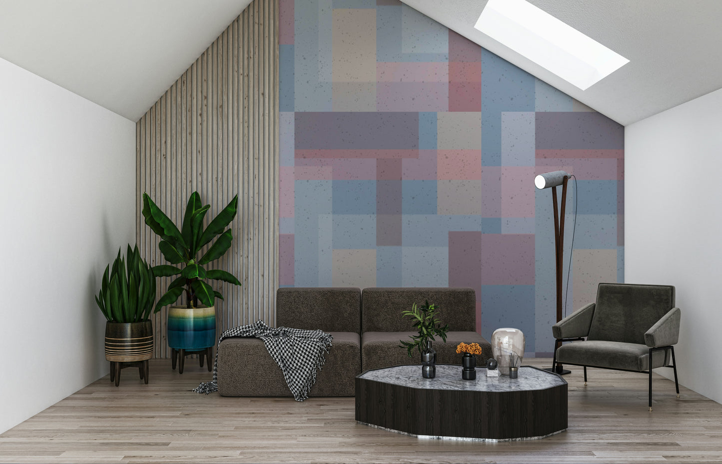 Translucent pastel shapes layered together in a serene geometric block wallpaper.
