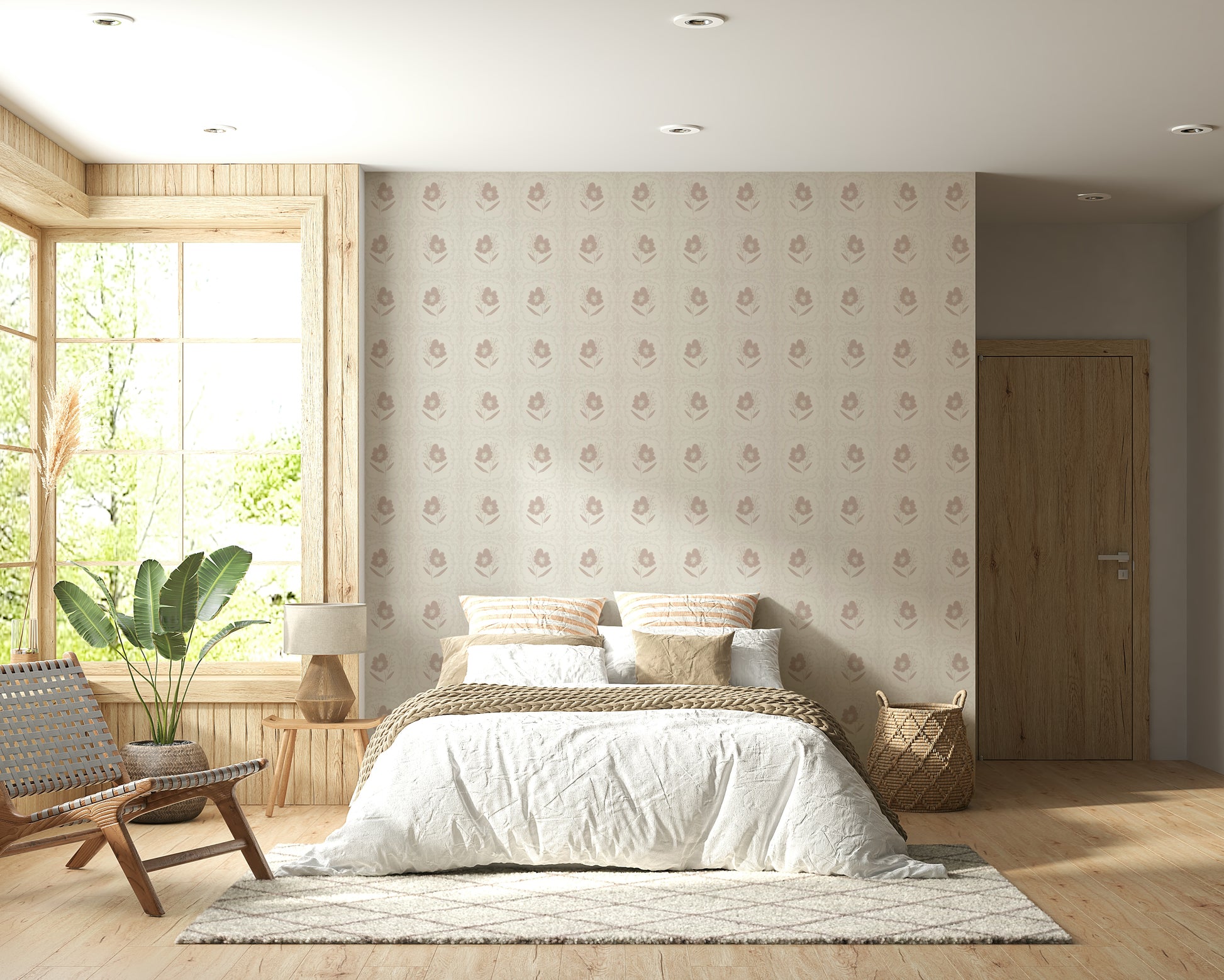 A soothing wallpaper with faint floral motifs adding a touch of quiet elegance.