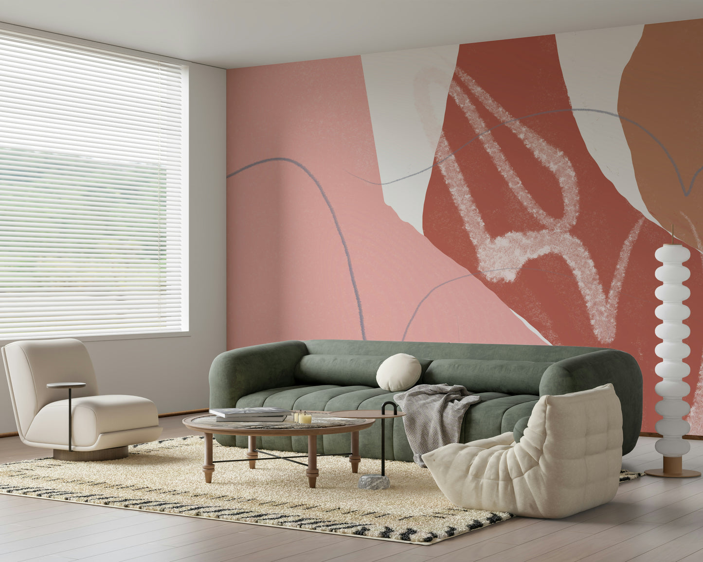 A pastel wallpaper with sandy textures and flowing blush waves creating a soothing look.