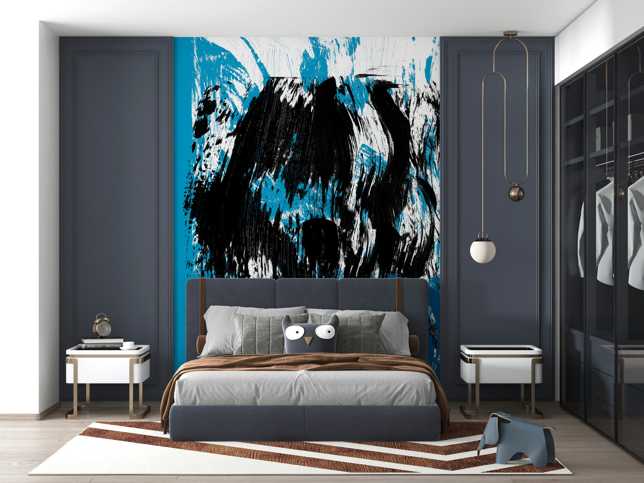 A dramatic ocean-inspired wallpaper with bold blue, black, and white brushstrokes resembling high tides.